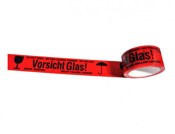 Warn-Klebeband &quot;Vorsicht Glas&quot; mit 4 Sprachen | 50 mm x 66 m | signal-rot